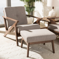 Baxton Studio Bianca-Light Grey/Walnut Brown-2PC-Set Bianca Mid-Century Modern Walnut Wood Light Grey Fabric Tufted Lounge Chair And Ottoman Set